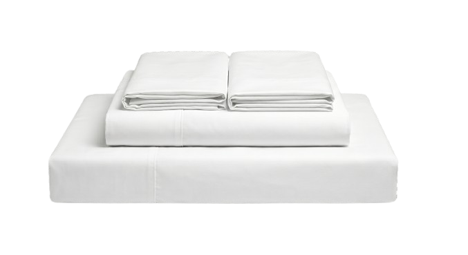 The Sylvmore Set in White — folded 4-piece queen sheet set on a low platform